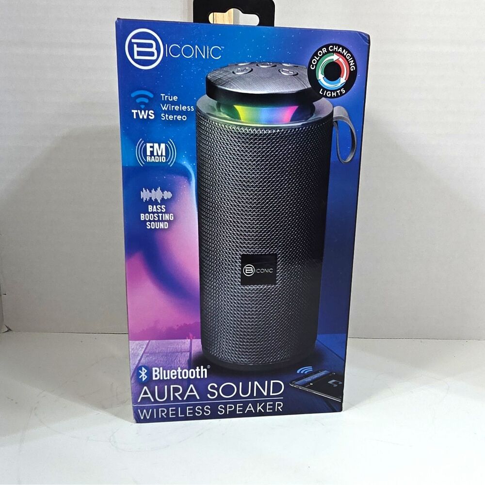B Iconic Aura Sound Black Portable Bluetooth Speaker, TWS, FM, Color Lights